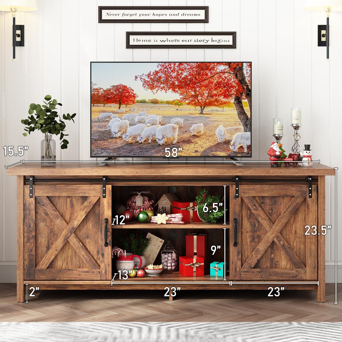 Elibeauty Rustic Brown Farmhouse TV Stand for 50-65 Inch TVs with Adjustable Shelves and Sliding Barn Doors