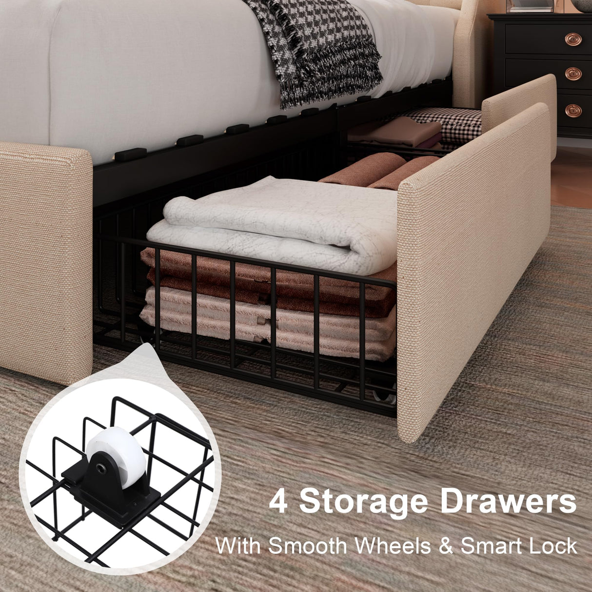 Feonase King Size Bed Frame with 4 Storage Drawers, Upholstered Storage Bed with Charging Station, Tufted Wingback Headboard, No Box Spring Needed, Beige Feonase