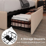 Feonase King Size Bed Frame with 4 Storage Drawers, Upholstered Storage Bed with Charging Station, Tufted Wingback Headboard, No Box Spring Needed, Beige Feonase