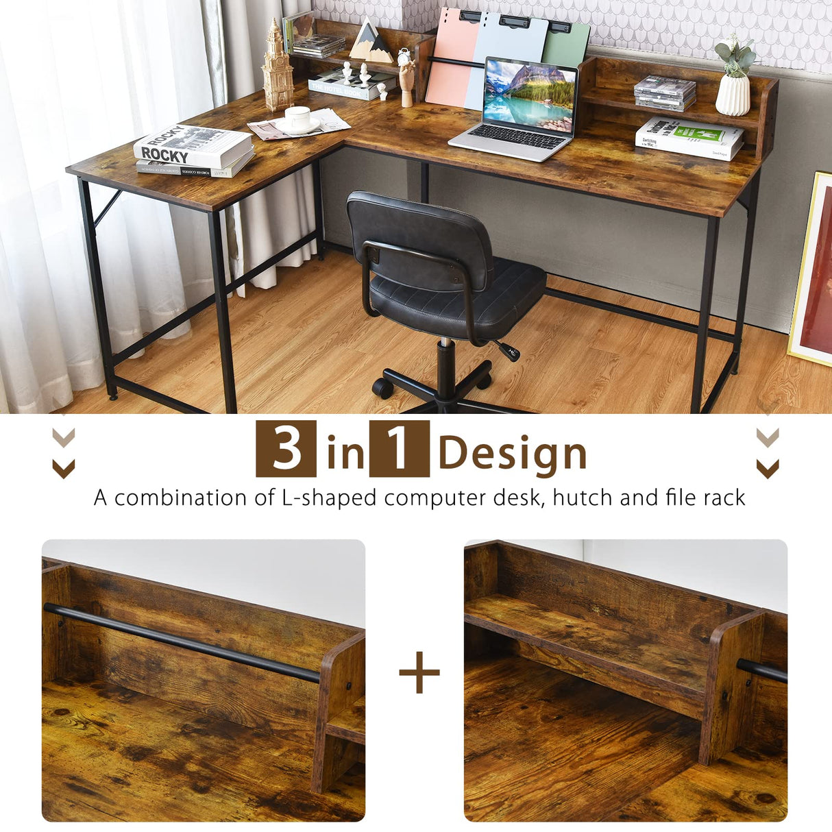 Tangkula 66.5 Inches L-Shaped Desk, Space Saving Corner Computer Desk with Hutch, Study Writing Desk with Storage Shelves Heavy Duty Steel Frame, Gaming Desk Computer Workstation for Home & Office Tangkula
