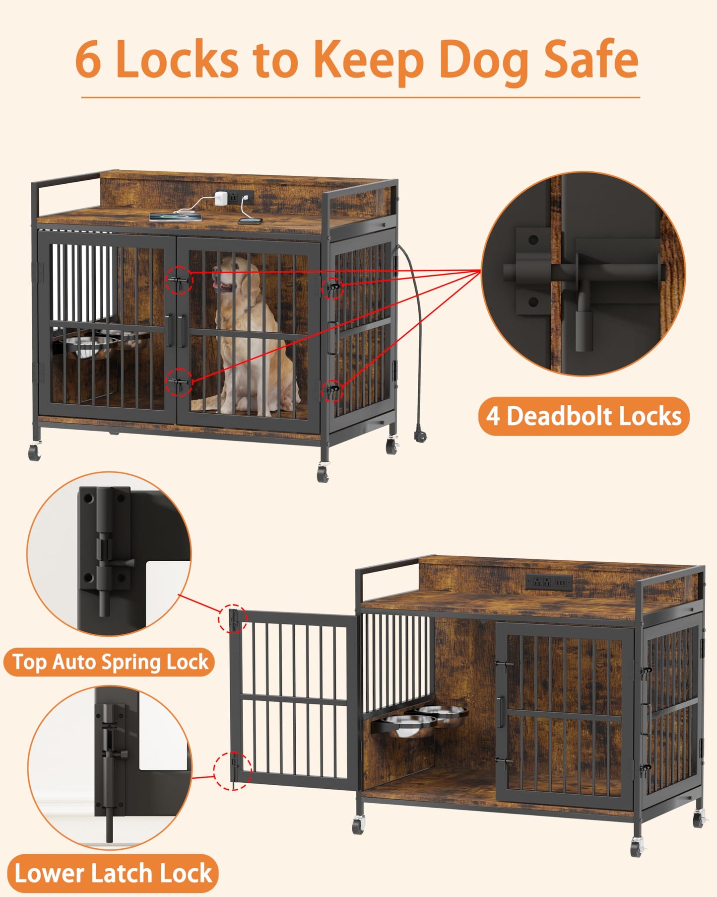 Piskyet Large Dog Crate Furniture,Heavy Duty Dog Crate Side Table with Charge Station and Storage&360°Rotatable Feeder and Stainless Steel Bowls,Indoor Double Door Kennel with Wheels - Rustic Brown