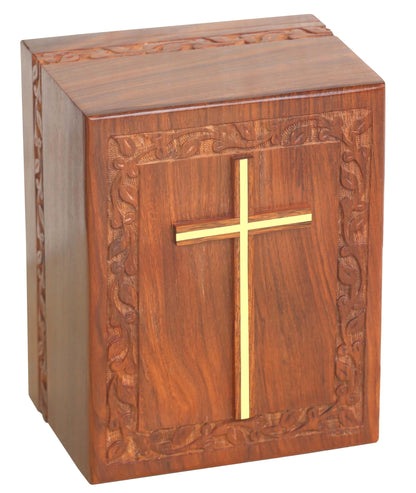 Wooden Cross Urn Box For Adult Ashes | Wood Cremation urns for Large Ashes | Rosewood Urns | Border Carving Urns | Handmade urns | Urns for Large Ashes 280 Cubic Inches With Bottom Opening Sy - WoodArtSupply