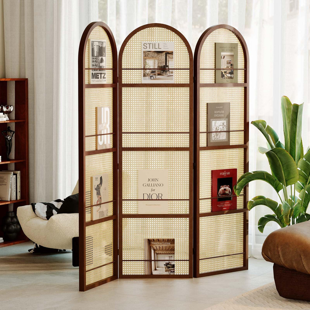 Rattan Room Divider with Bookshelf,Privacy Screen for Home Office & Bedroom,Portable Partition, Wooden Frame Svimi