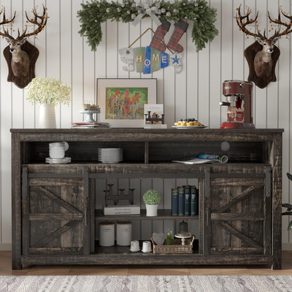 SENSWEET 58" Farmhouse TV Stand with Fireplace, Entertainment Center w/Sliding Barn Door, Rustic Media Console with 2 Storage Shelves, Wood Television Stand for Living Room,Dark Rustic Oak