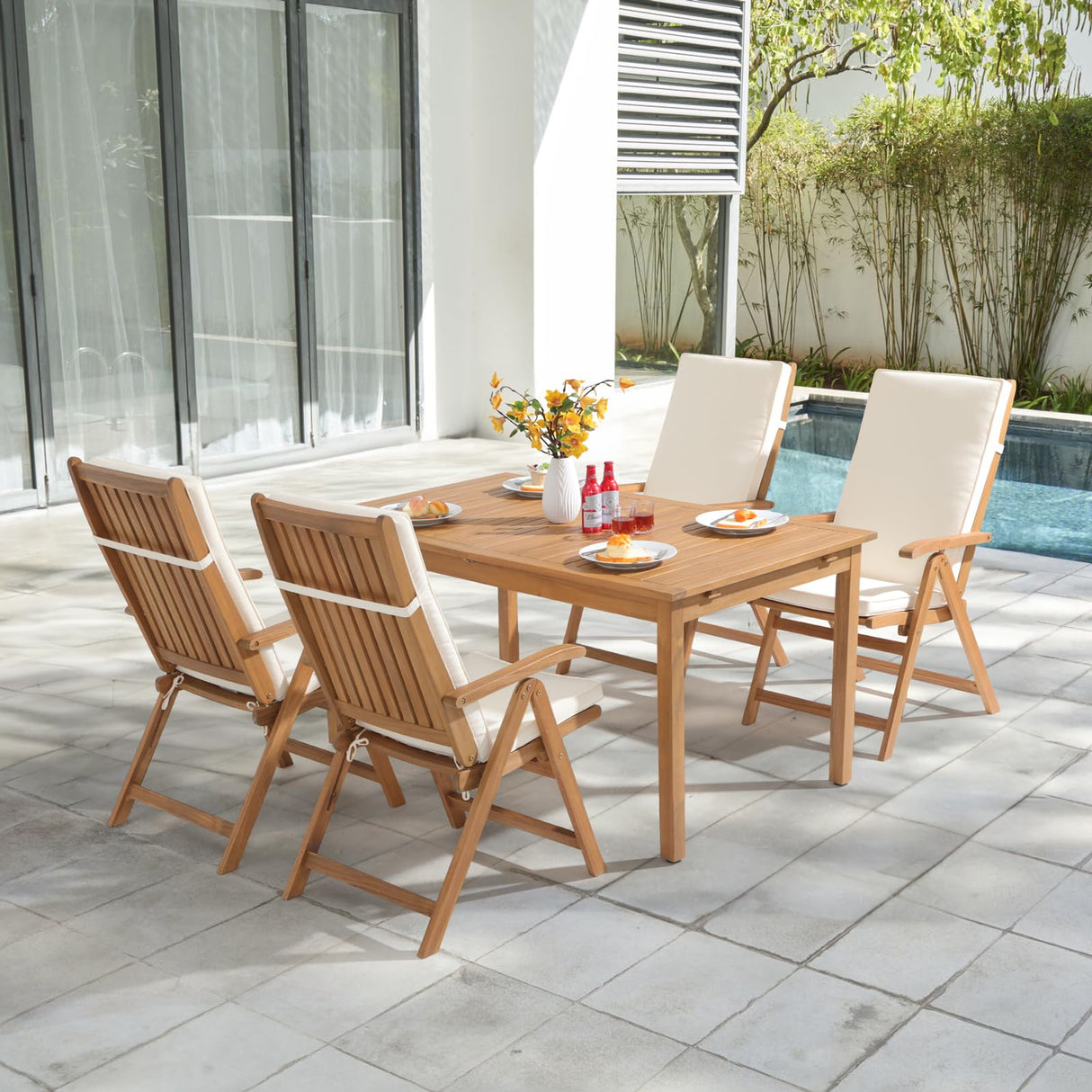 OC Orange-Casual Folding Patio Dining Chair Set of 2, Outdoor Acacia Wooden Reclining Chair w/Armrest & Removeable Cushion, FSC Certified Wood, for Porch, Backyard, Garden, Indoor, Beige OC Orange-Casual