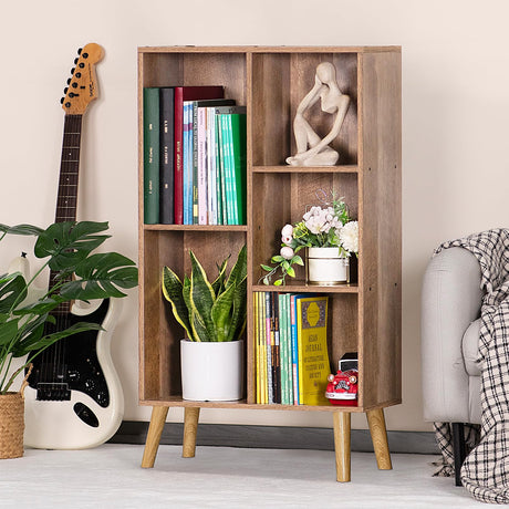 5 Cube Small Bookshelf,3 Tier Mid-Century Modern Bookcase with Legs,Wood Kids Bookshelves Storage Organizer Shelf,Free Standing Narrow Book Shelves,Oak Grey Corner Bookcases for Bedroom,Living Room LEYAOYAO