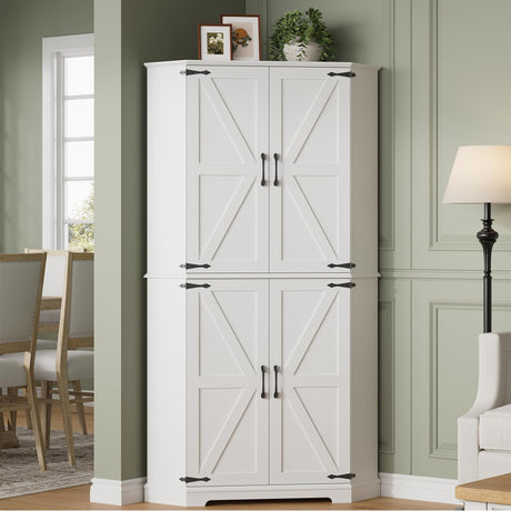 IRONCK Corner Cabinet, 72" Kitchen Pantry Cabinet, 6-Tier Freestanding Farmhouse Pantry with 4 Adjustable Shelves, 240°Swivel Doors, 2 Doors Storage, Spacious Hutch for Kitchen, Living Room, White IRONCK