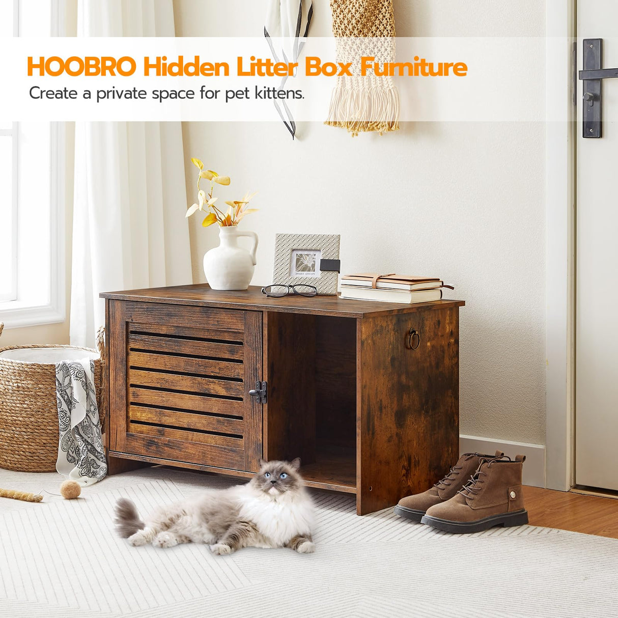 HOOBRO Cat Litter Box Enclosure, Hidden Cat Litter Box Furniture with Louvered Door, Spacious Hidden Cat Washroom with Divider, Cat Furniture Cabinet, 31.5"L x 17.7"W x 18.1"H, Rustic Brown BF07MW01 HOOBRO