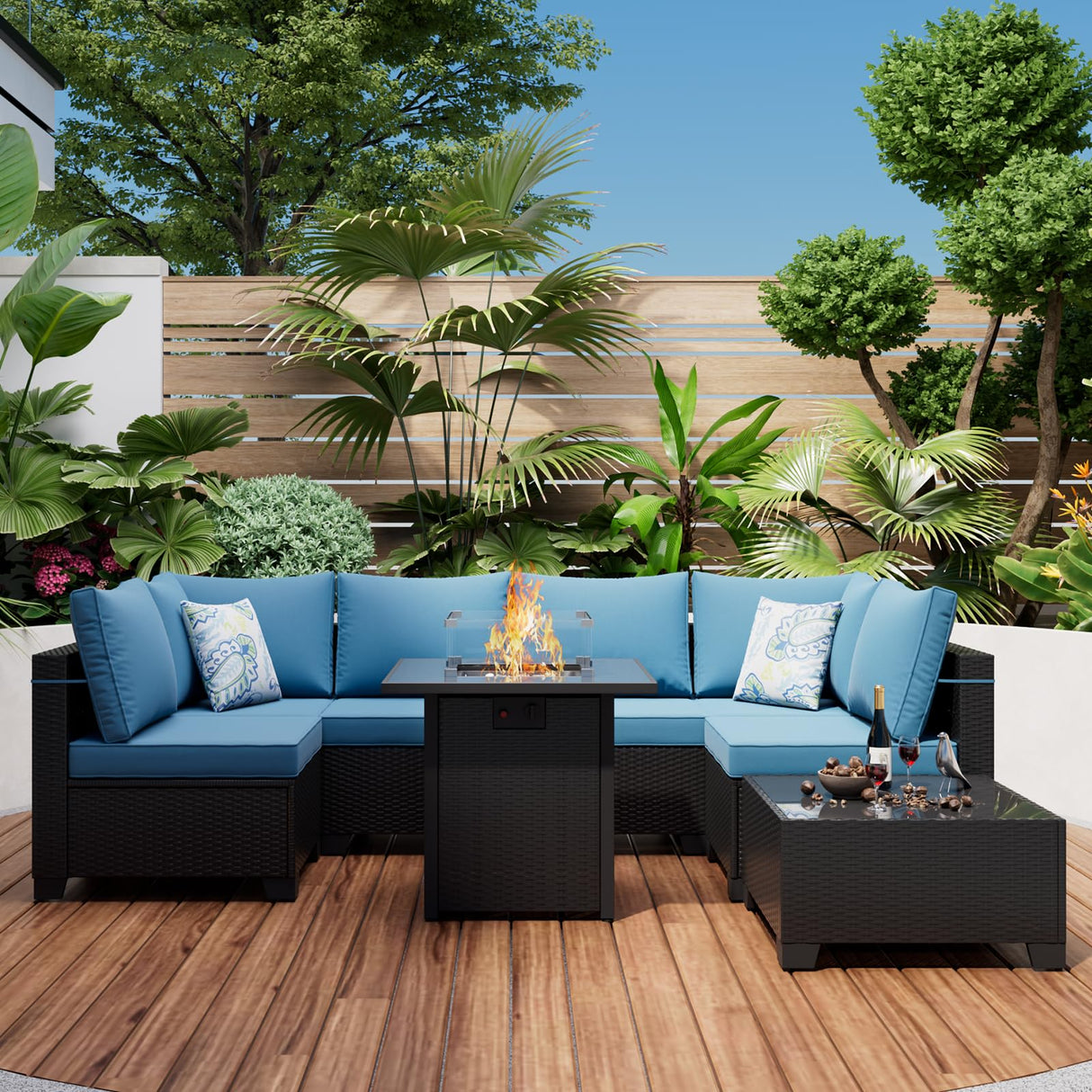 Ophelian 8 Piece Wicker Patio Furniture Set with Fire Pit Table, Rattan Outdoor Sectional Sofa, Patio Couch Set for Backyard, Garden, Deck (Coffee/Peacock Blue) Ophelian