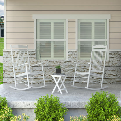 MUPATER Outdoor Rocking Chair Set 3-Piece Patio Wooden Rocker Bistro Set with Foldable Table and Curved Seat, White - WoodArtSupply