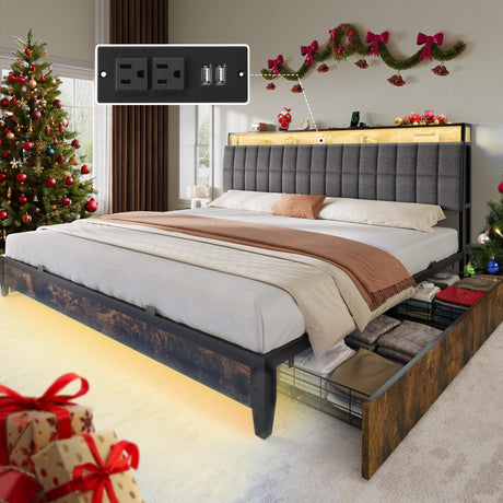 YITAHOME Queen Size Bed Frame with RGB LED Lights and 4 Drawers, Upholstered Platform Bed with Charging Station and Storage Headboard, No Box Spring Needed, Noise-Free, Fast Assembly, Rustic Brown YITAHOME