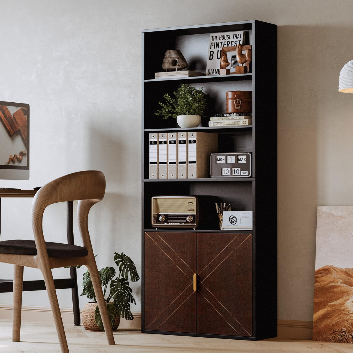 IRONCK Book Shelf and Bookcase with Leather Doors, 70" Tall Bookshelf, 6 Tier Display Case Floor Standing for Home Office, Living Room, Black IRONCK