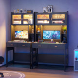 Vlsrka LED Computer Desk with Hutch, 40 Inch Modern Gaming Desk with Power Outlet, Wooden Home Office Desk with Storage Drawers & Shelves (Black) Vlsrka