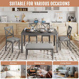 Zevemomo 6-Piece Wooden Dining Table Set, Dining Table Set for 6, Including 1 Dining Table, 4 Upholstered Chairs and 1 Bench, Wooden Legs Dining Table, Table Set for Dining Room, Grey Zevemomo