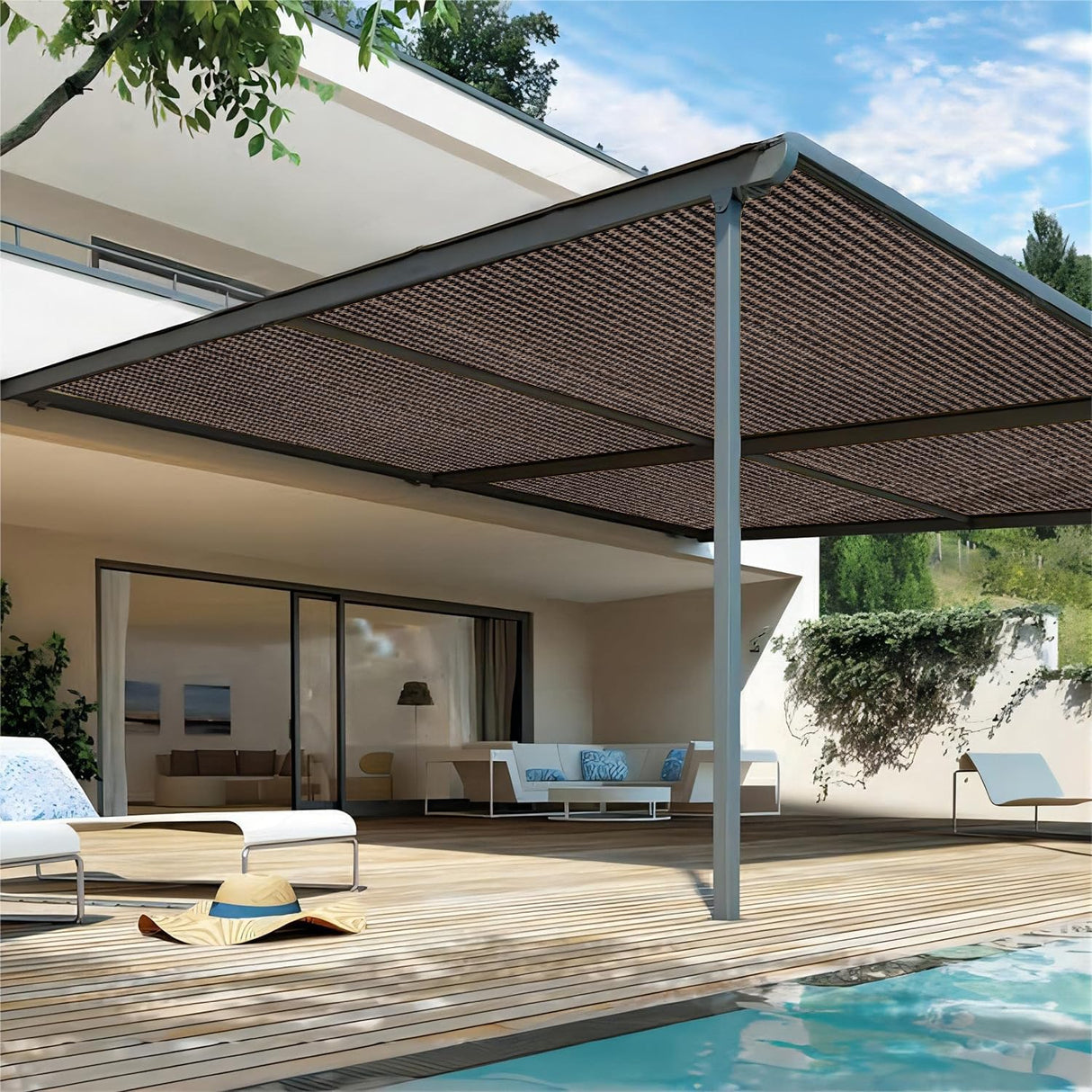 Shatex 90% Sun Shades for Patios 6X 10ft Shade Fabric Sun Shade Cloth Taped Edge with Grommets Sun-Block Mesh Shade for Pergola Cover Canopy Mocha, 12 Bungee Balls Shatex