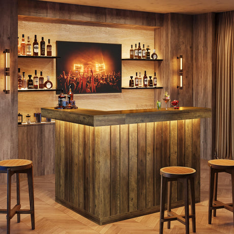 Tribesigns Bar Table, L Shaped Home Bar Unit for Home, 4-Tier Corner Liquor with Storage Shelves and Wine Glasses Holder, Industrial Wine Cabinet Reception Desk for Basement (1, Brown) Tribesigns