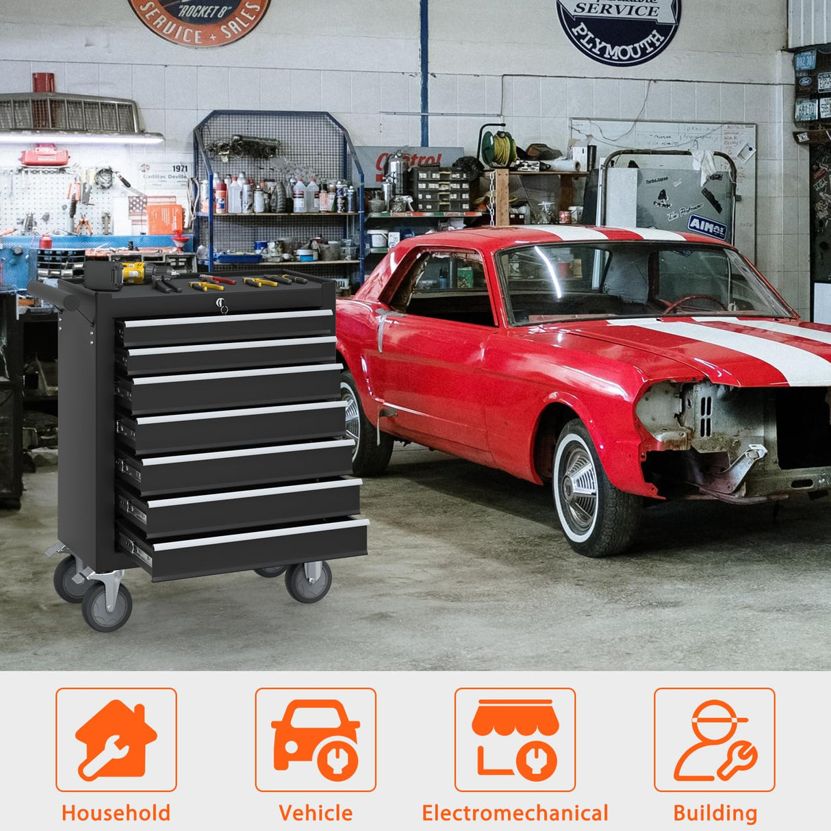 DYneeds 7-Drawer Rolling Tool Chest, Tool Box with Wheels and Drawers, High Capacity Detachable Mobile Tool Storage Cabinet for Workshop, Garage, Mechanics and Repair Room (Black) DYneeds