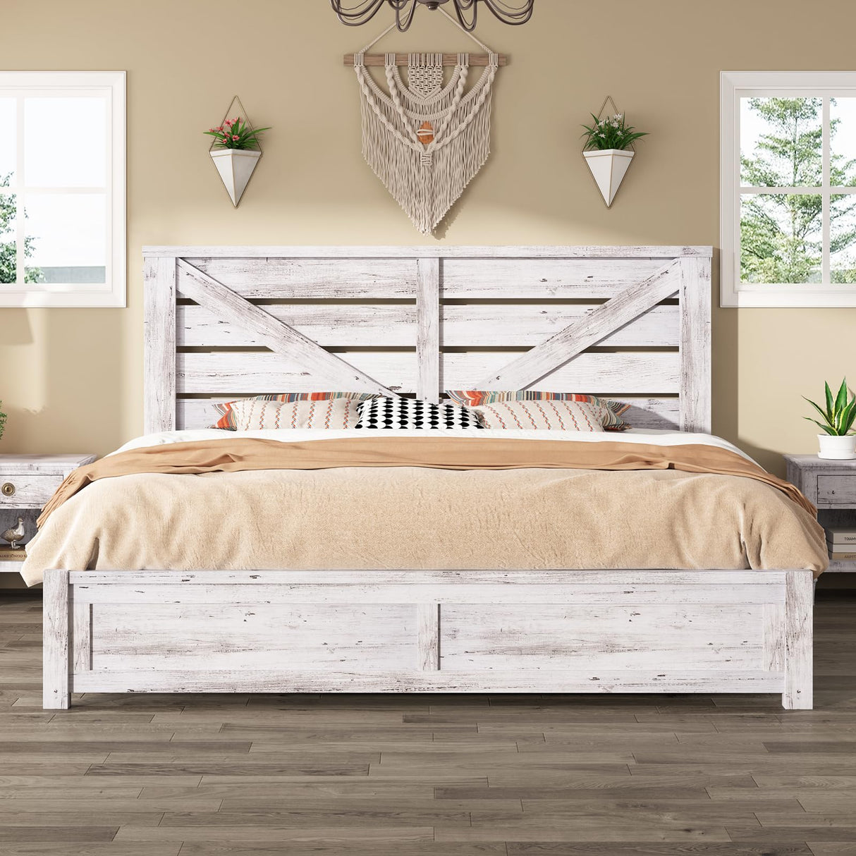 AMERLIFE King Size Distressed White Farmhouse Bed Frame with Barn Door Headboard and Under Bed Storage AMERLIFE