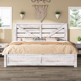 AMERLIFE King Size Distressed White Farmhouse Bed Frame with Barn Door Headboard and Under Bed Storage AMERLIFE