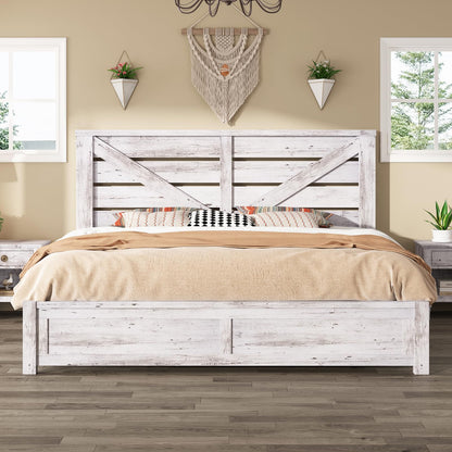 AMERLIFE King Size Distressed White Farmhouse Bed Frame with Barn Door Headboard and Under Bed Storage - WoodArtSupply