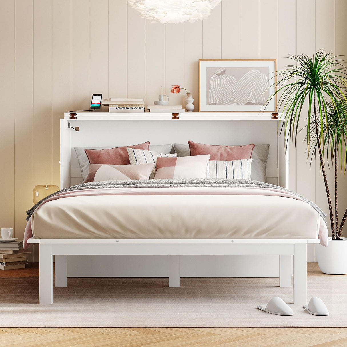 Merax Murphy Bed Queen Size with USB Port and Slide-Out Shelves on Each Side, 2-in-1 Foldable Bed Frame Cabinet Desk for Bedroom Guest Room Living Room (White) Merax