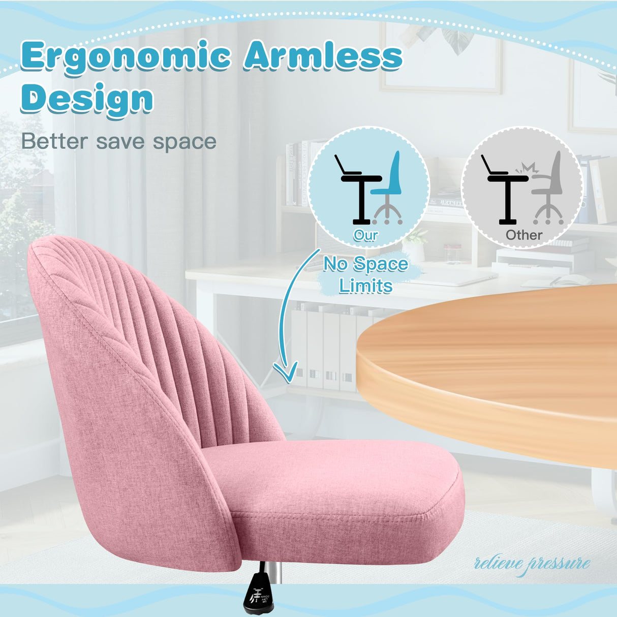 Furniwell Office Chair Armless Cute Desk Chair Modern Adjustable Swivel Padded Fabric Vanity Task Computer Chair Home Office Desk Chairs with Wheels (Pink) Furniwell