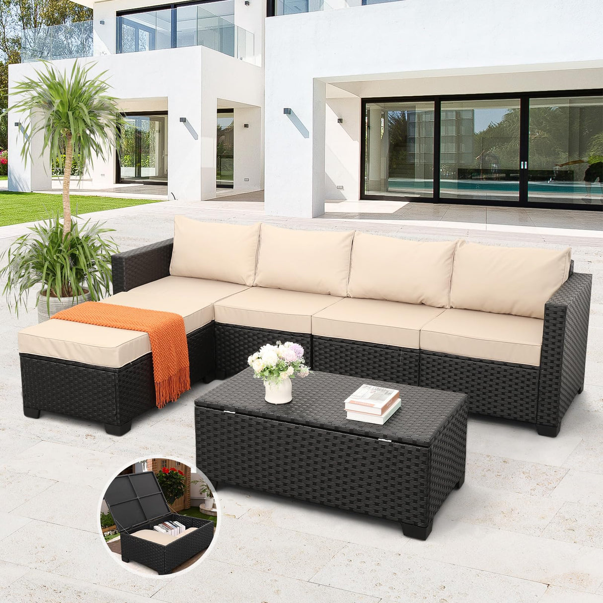 Rattaner Outdoor Sectional Wicker Patio Furniture Long Patio Couch with Ottoman and Outdoor Storage Table 4 Pieces Patio Furniture Set Weathering Anti-Slip Cushions Waterproof Covers, Khaki Rattaner