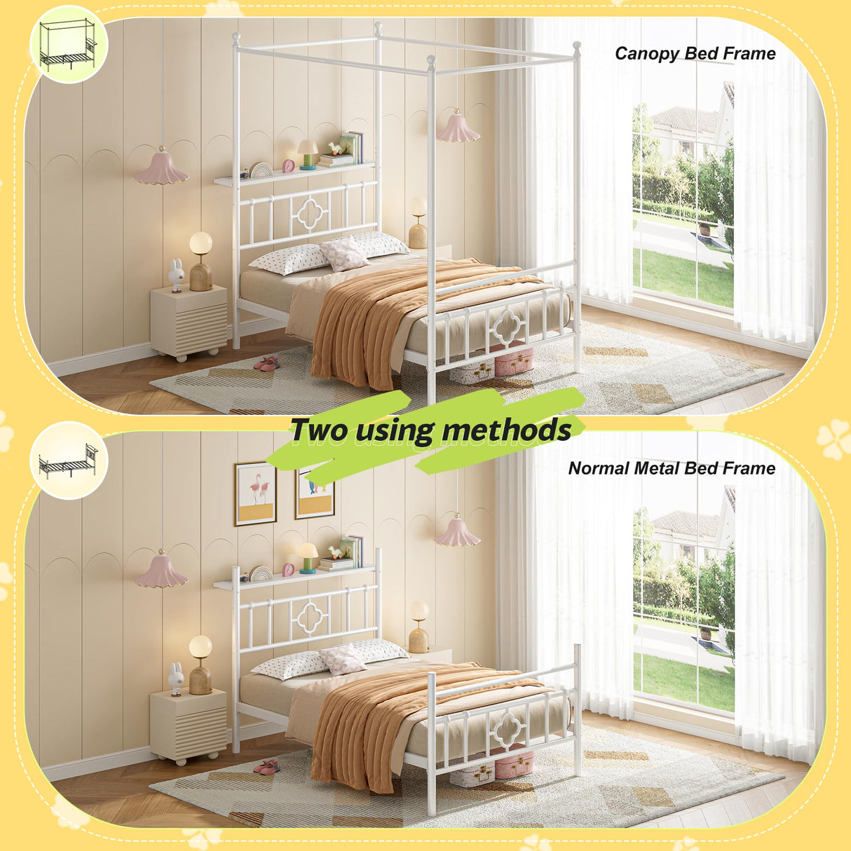 Homkdom Canopy Bed Frame with Storage Headboard, Twin Size Bed Frame with 4 Removable Posts, Sturdy Metal Platform with Under-Bed Storage, Dual Purpose Bed Frame, No Box Spring Needed, White Homkdom