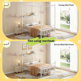 Homkdom Canopy Bed Frame with Storage Headboard, Twin Size Bed Frame with 4 Removable Posts, Sturdy Metal Platform with Under-Bed Storage, Dual Purpose Bed Frame, No Box Spring Needed, White Homkdom