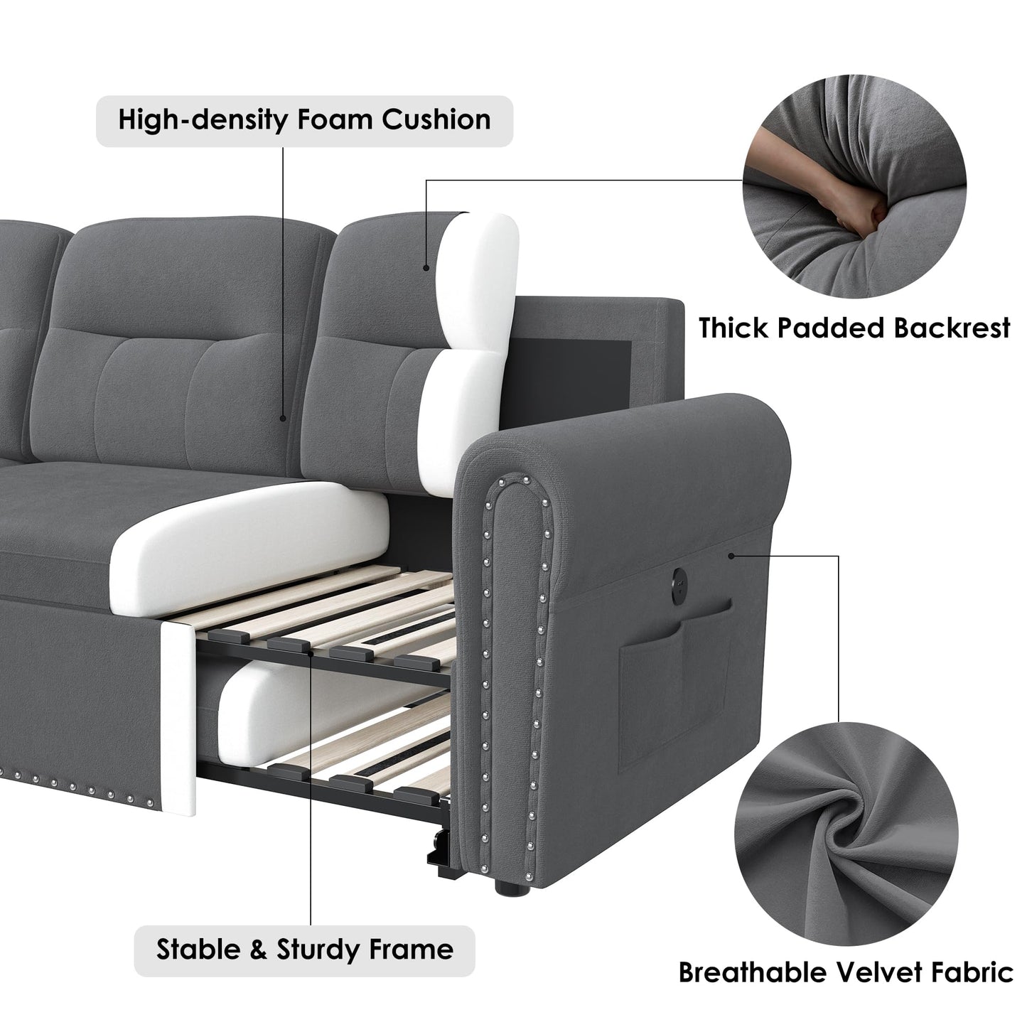 Sleeper Sofa Bed, 87'' Sectional Couch with Reversible Storage Chaise & Nailhead Armrest, Pull Out Couches for Living Room, Side Pocket & Charging Station, Removable Backrest, Velvet Fabric, Dark Grey