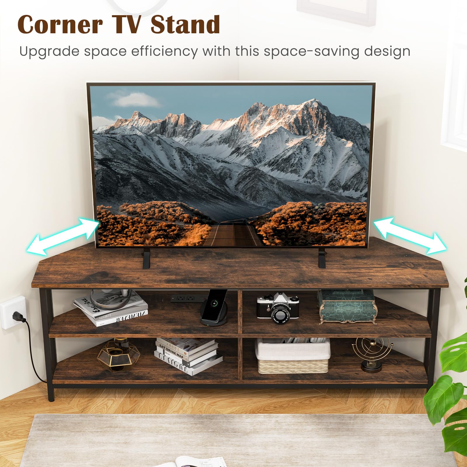 Tangkula Corner TV Stand for TVs up to 65”, TV Console Table w/AC Outlets, USB A Ports, USB C Port, Metal Frame & Storage Shelves, 55” Media Entertainment Center for Living Room (Rustic Brown - WoodArtSupply