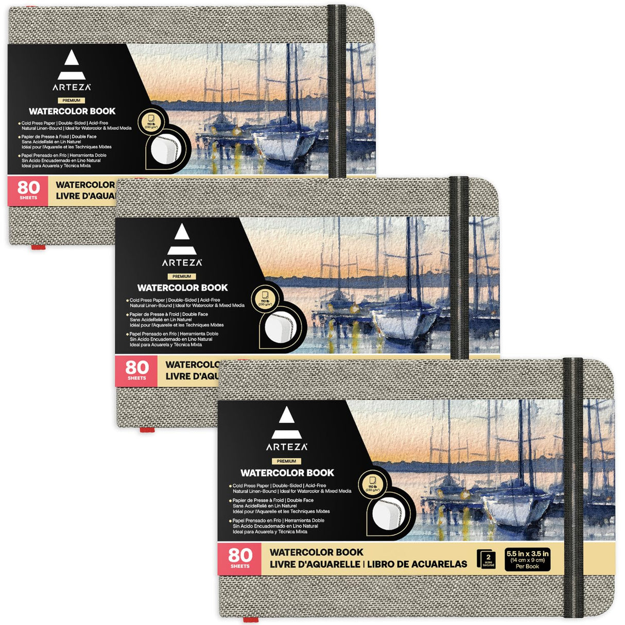 ARTEZA Watercolor Book, Pack of 3, 80 Pages Each, 3.5x5.5 Inch Watercolor Notebook, 110lb/230gsm Water Color Paper ARTEZA