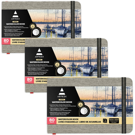 ARTEZA Watercolor Book, Pack of 3, 80 Pages Each, 3.5x5.5 Inch Watercolor Notebook, 110lb/230gsm Water Color Paper ARTEZA