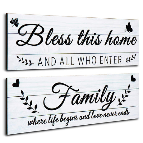 Jetec Wooden Family Signs Rustic Bless This Home Wood Family Decor Wall Art Farmhouse Entryway Decoration for Bedroom Living Room Office, 13.8 x 4.7 Inch (White) Jetec