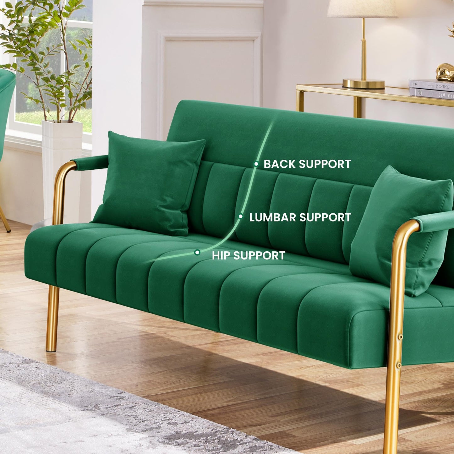 Yaheetech 56.5" W Modern Loveseat 2 Seater Sofa Luxurious Velvet Fabric Couch with Gold-Tone Metal Arms and Legs for Living Room, Home Office, Studio Green