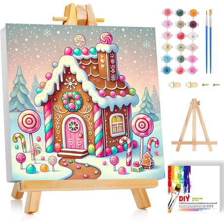 Christmas Paint by Numbers Kit for Kids with Frame - Candy House Paint by Number for Kids, Christmas Kid Painting by Number Kits Age 5-8 for Home Wall Decor 8X8inch (with Wooden Easel) ajepon
