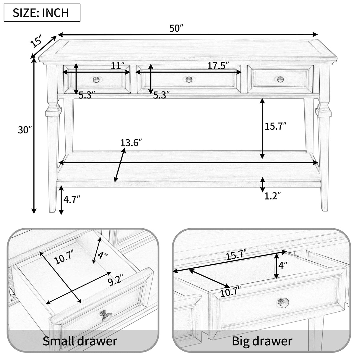 50" Small Entryway Console Table with 3 Storage Drawers and Bottom Shelf, Retro Sofa Table Hallway Table with Pine Wood Frame and Legs (Gray Wash) Merax