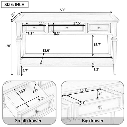 50" Small Entryway Console Table with 3 Storage Drawers and Bottom Shelf, Retro Sofa Table Hallway Table with Pine Wood Frame and Legs (Gray Wash)