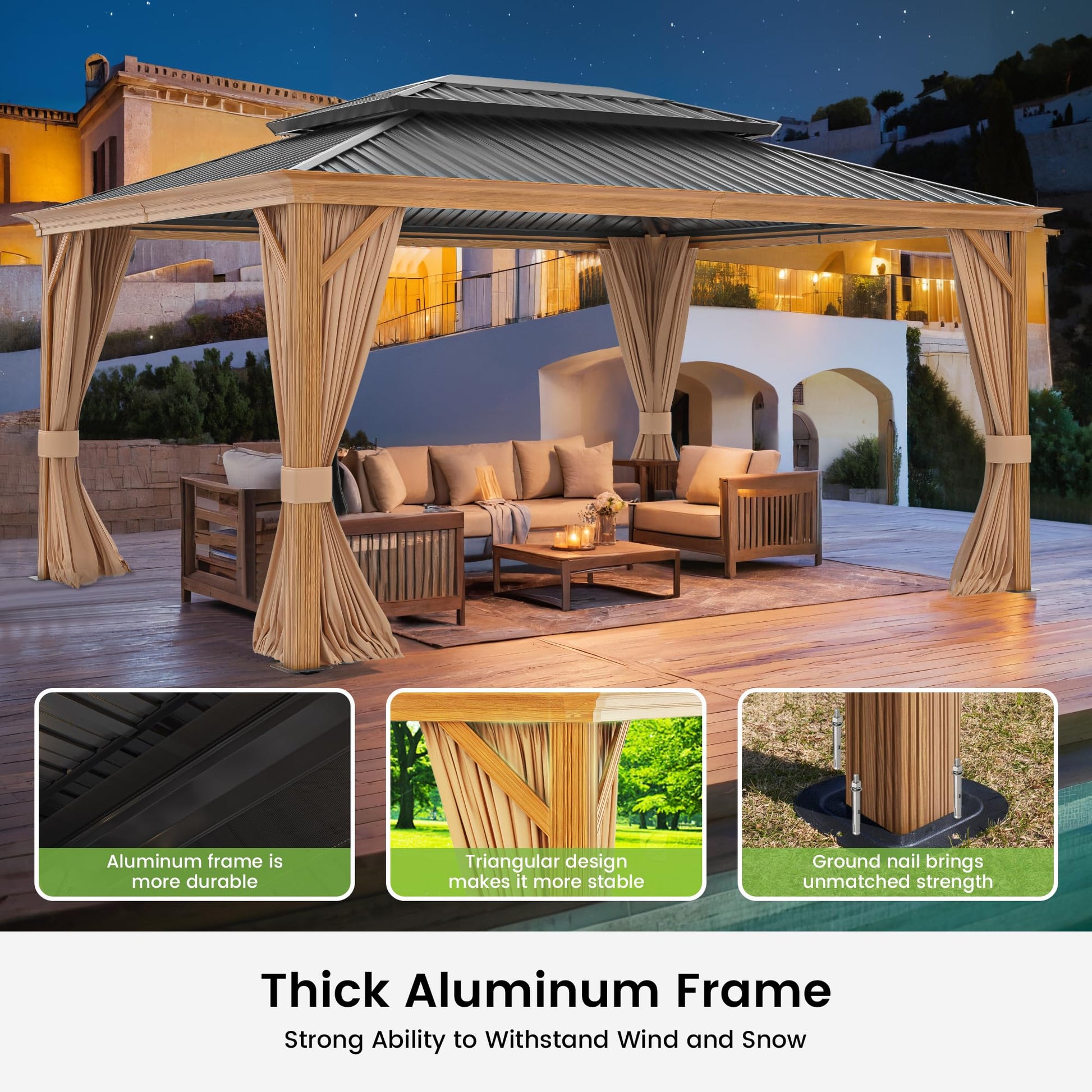 12' x 16' Patio Hardtop Gazebo Heavy Duty Aluminum Frame Metal Galvanized Steel Double Roof Outdoor Permanent Pergolas for Garden, Parties, Lawns, Deck (Woodgrain Grey) - WoodArtSupply