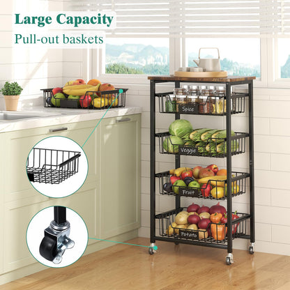 XYZLVSI Kitchen Storage Cart with Wheels, 5-Tier Metal Utility Rolling Cart Fruit Vegetable Storage Basket Pantry Rack with Wood Top & Pull Out Baskets for Kitchen, Livingroom, Diningroom, Office