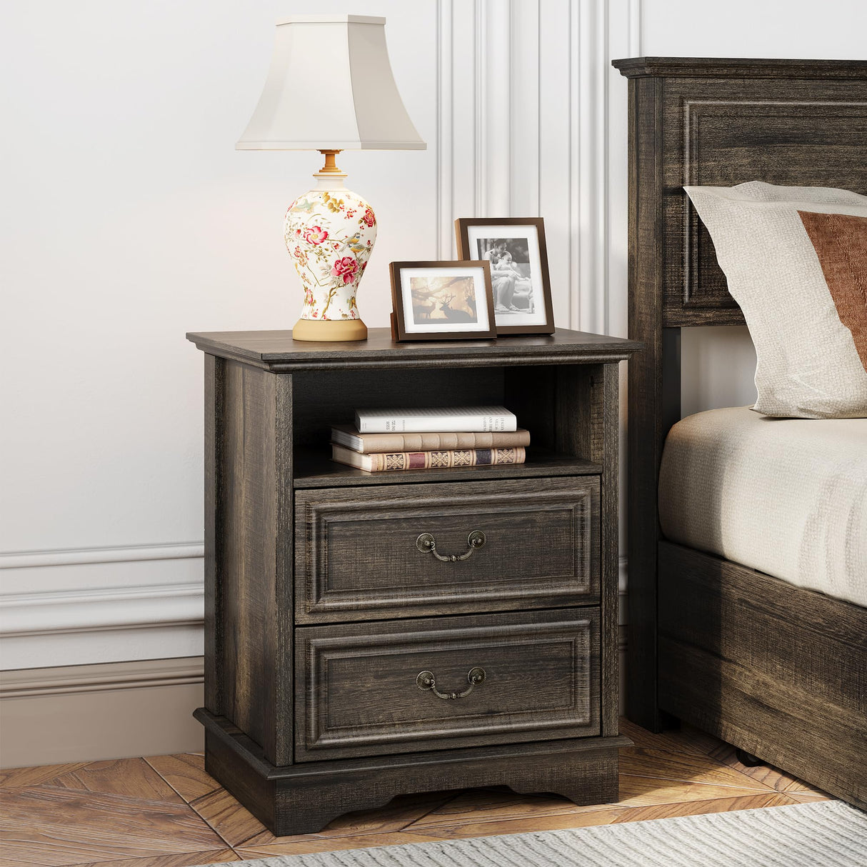 XIAO WEI Nightstand with Hidden Drawer, 25" Tall Farmhouse Bedside Table with 3 Drawers and 1 Open Shelf, Wood Rustic End Side Table, Small Dresser Drawers (Brownish Green Oak, 1PC) XIAO WEI