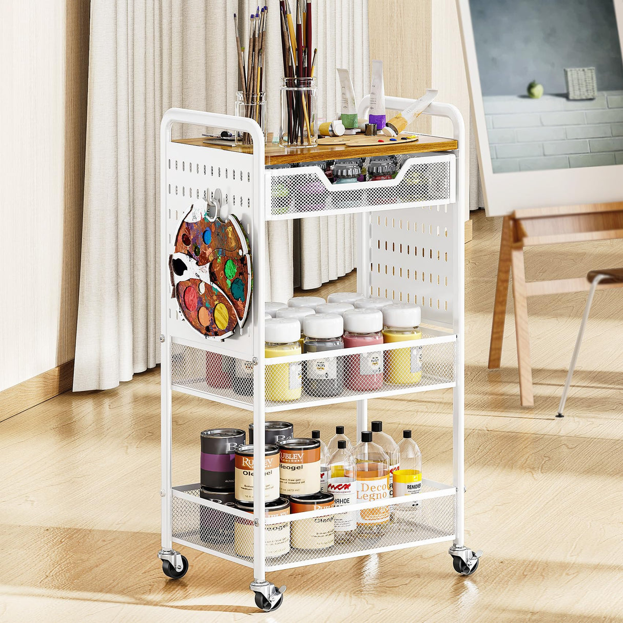 3-Tier Rolling Utility Cart with Wheels - Metal Cart with Wood Tabletop, Slide Drawer and Pegboards & Hooks, Versatile Storage Organizer Cart for Home Office Kitchen, White SNTD