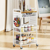 3-Tier Rolling Utility Cart with Wheels - Metal Cart with Wood Tabletop, Slide Drawer and Pegboards & Hooks, Versatile Storage Organizer Cart for Home Office Kitchen, White SNTD