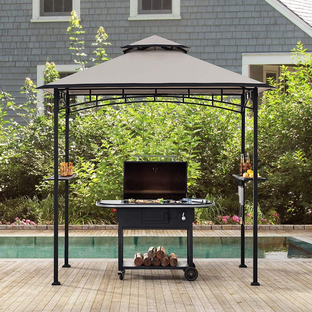 Sunjoy 5 x 8 ft Black Steel Frame Double Tiered Canopy Grill Gazebo for Outdoor, Patio, Garden, and Backyard Activities,Gray and Black Sunjoy