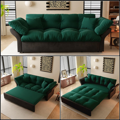 CALABASH 74.8" Futon Sofa Bed Queen Size, Pull Out Bed, 3-in-1 Convertible Sleeper Loveseat Sofa with 2 Soft Pillows, Modern Velvet Futon Couch for Living Room, Apartment, Bedroom, Small Space, Green