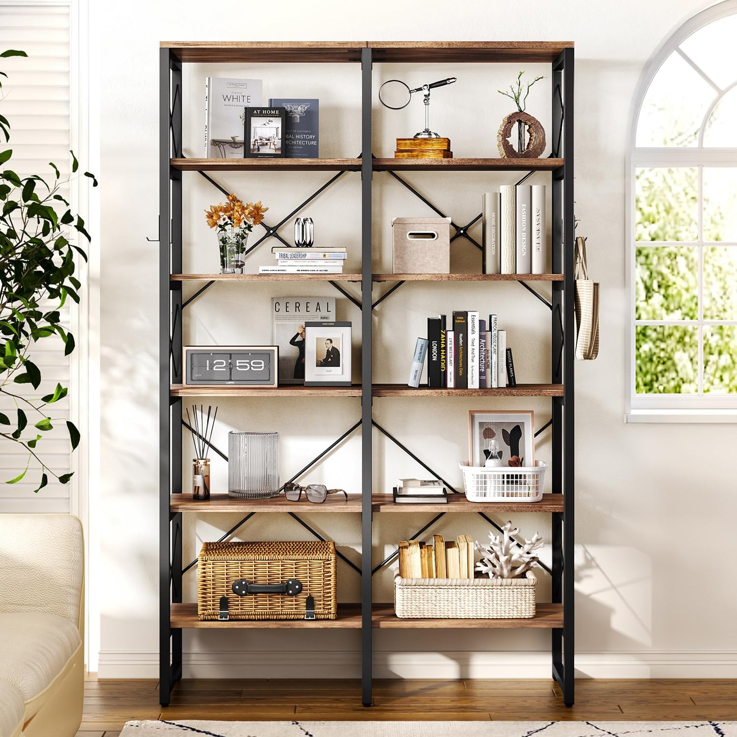 Double Wide 6-Tier Industrial Bookshelf with Metal Frame and Rustic Brown Finish - WoodArtSupply