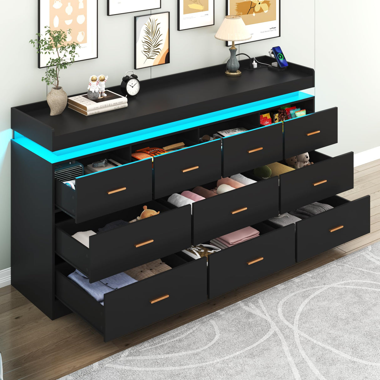Hlivelood 10 Drawer Dresser with LED Light and Charging Station, Modern Chest of Drawers for Closet, Wide Drawer Organizer Cabinet, Living Room, Entryway, Hallway, Black Hlivelood