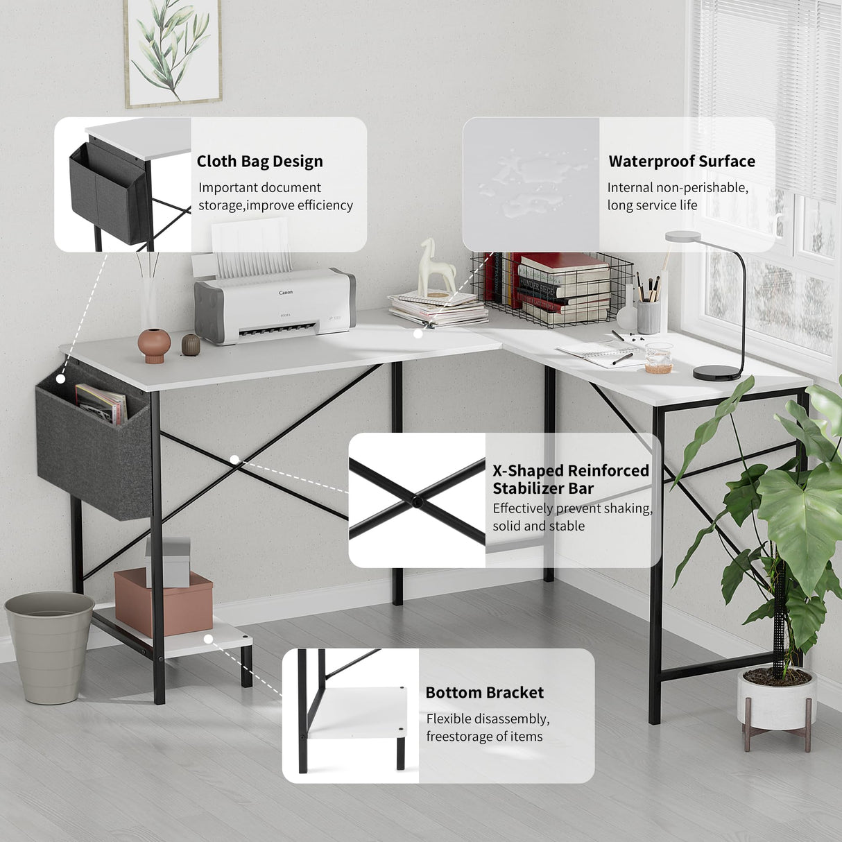 L Shaped Desk Gaming Computer 50 Inch Reversible Corner Table PC Work Table for Writing Study Student with Wood Tabletop Metal Frame CPU Stand Side Bag for Home Office Small Place Simple Deluxe