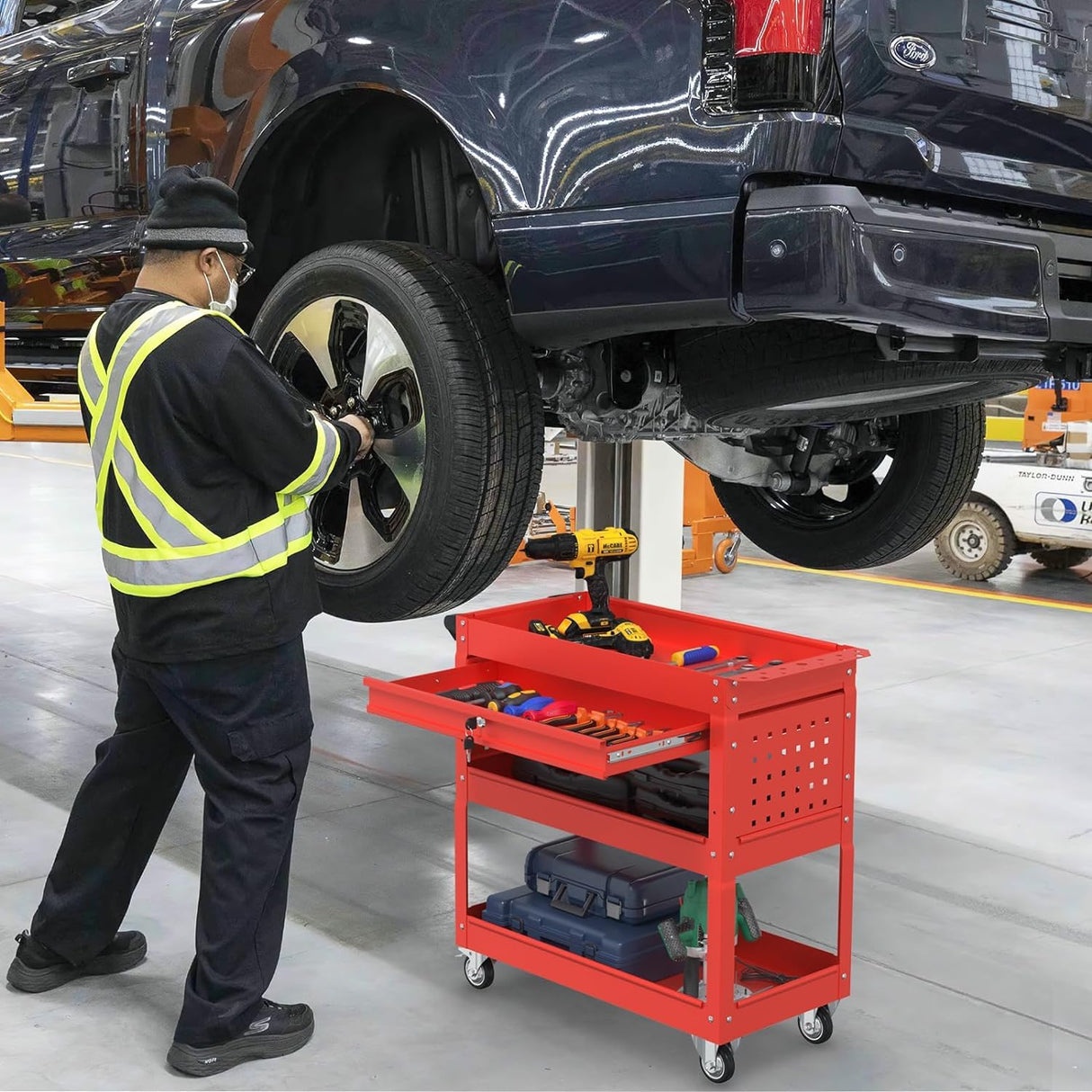 Pelnuies 3 Tray Tool Cart with Drawers, 400 LBS Capacity Rolling Tool Cart on Wheels, Heavy Duty Utility Cart with Pegboard, Mechanic Tool Storage Cart for Garage, Warehouse and Repair Shop, Red Pelnuies