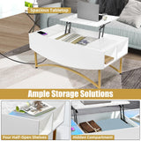 White and Gold Lift Top Coffee Table with Charging Station and LED Lights - 40" L×20" W×17" H Large Rectangle Marble Coffee Table Lift Top for Living Room, Glass & Marble-Pattern Tabletop, Metal Leg Caredear
